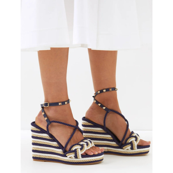 Valentino Rockstud Torchon Blue Stripe Cord Rope Wedge Ankle Strap Sandal 38 - Picture 4 of 12
